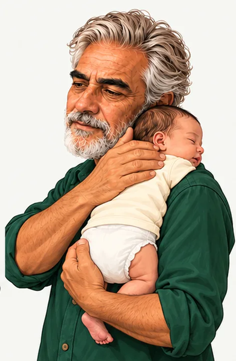 Seu José segurando um bebê no ombro